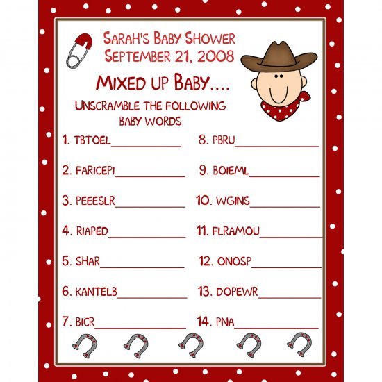 24 Personalized Baby Shower Word Scramble Game Cards - LITTLE COWBOY THEME