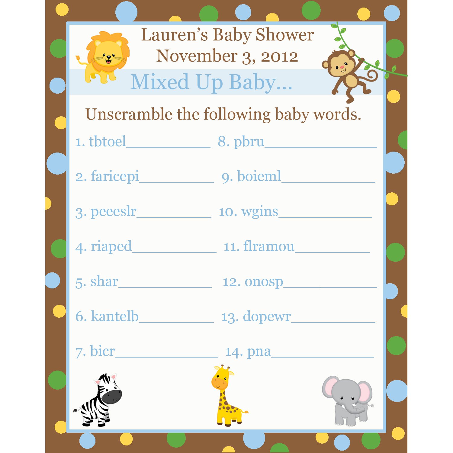 24 Personalized Baby Shower Word Scramble Game Cards - Zoo Animals