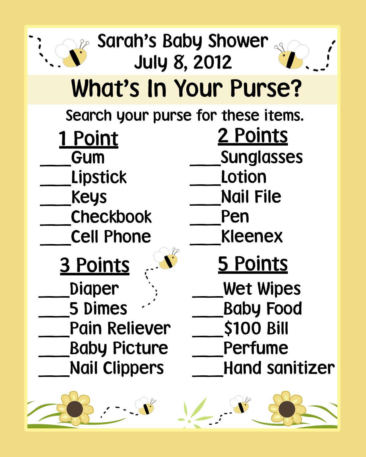 24 Personalized Baby Shower Game Cards - What's In Your Purse Game ...