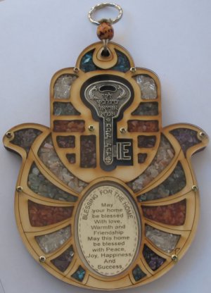 Wood hamsa & home bless & key of wealth kabbalah amulet