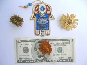 Gold Hamsa with English home bless chai from Israel