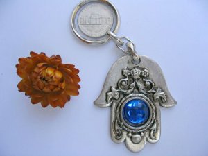 Hamsa Keychain against evil eye charm blue gem kabbalah