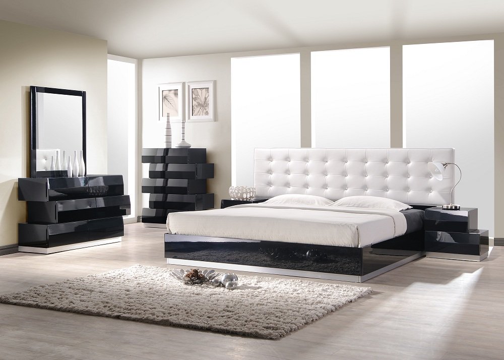 Black Modern Style Queen Bedroom Set with white Leatherette Headboard