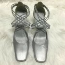 New York Transit Silver Gray Satin Heel Dress Shoes Size 7.5 Crisscross Straps