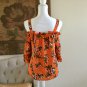 Twine And String Women's Cold Shoulder Summer Top Floral Blouse Ruffle M Orange