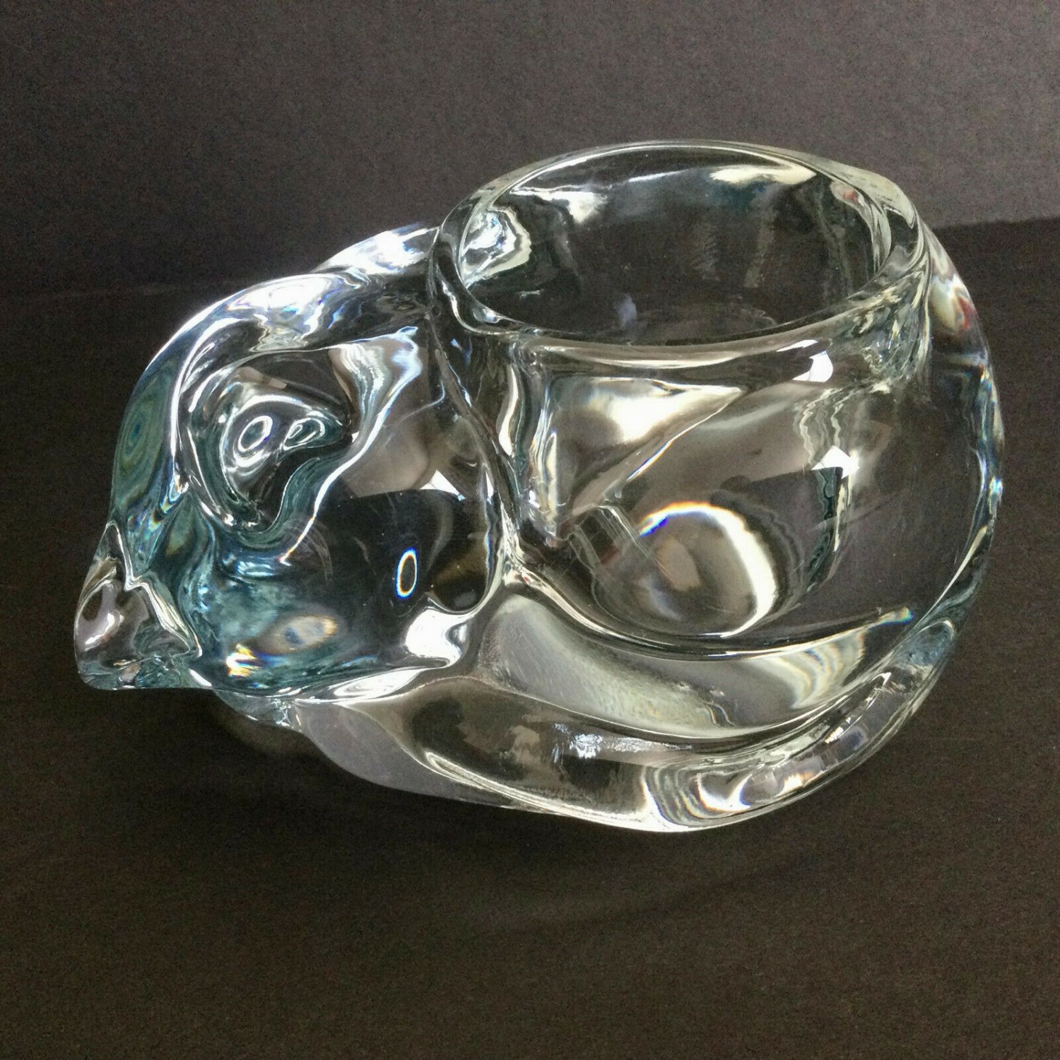 Vintage Crystal Glass Sleeping Cat Votive Candle Holder Trinket Dish 