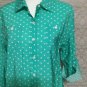 Van Heusen Polka Dots Button Down Blouse Work Shirt Sz L Green, Roll Tab Sleeve