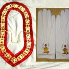 MASONIC REGALIA  SHRINER SPHINX NEW DRESS METAL RED COLLAR & GLOVES SET CP MADE