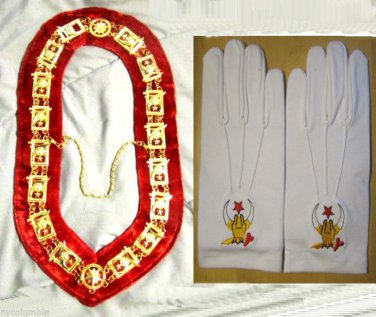 MASONIC REGALIA  SHRINER SPHINX NEW DRESS METAL RED COLLAR & GLOVES SET CP MADE