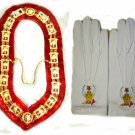 MASONIC REGALIA SHRINER NEW DRESS METAL COLLAR RED VELVET & GLOVES PAIR CP MADE