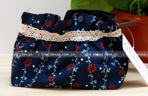Sweet Zakka Style Dark Blue With Sweet Red Flower Pattern Lace Cotton Pouch Small Bag