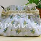Sweet Zakka Style Light Blue Strips Blue Yellow Flowers Pattern Lace Cotton Pouch Small Bag