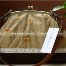 Sweet Zakka Style Big Rustic Brown With Red Orange Flowers Lace Trim Shoulder Bag
