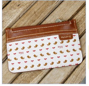 Lovely Brown Leather Linen Bird Purse Card Holder Keychain