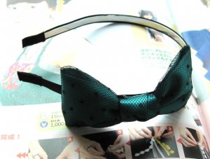 Green Satin Like Lace Ribbon Bow Hairband Headband