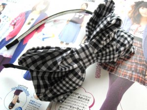 BIG Black White Checks Ribbon Bow Hairband Headband