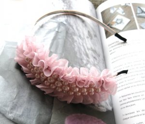 Pink Bridal Prom Chiffon Like Pearl Bow Hairband Headband