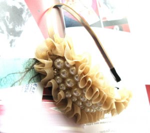 Creamy Beige Bridal Prom Chiffon Like Pearl Bow Hairband Headband