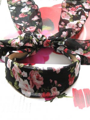 Lovely Black Pink Flowers Long Tail Hairband Headband