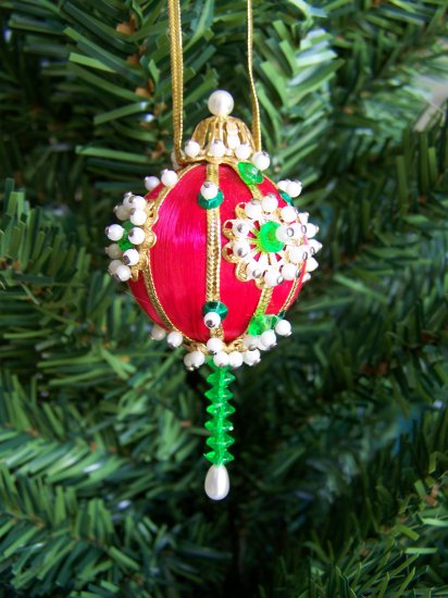 Vintage Christmas Ornament Red Satin Ball Beads Sequins Beaded Sequined #2