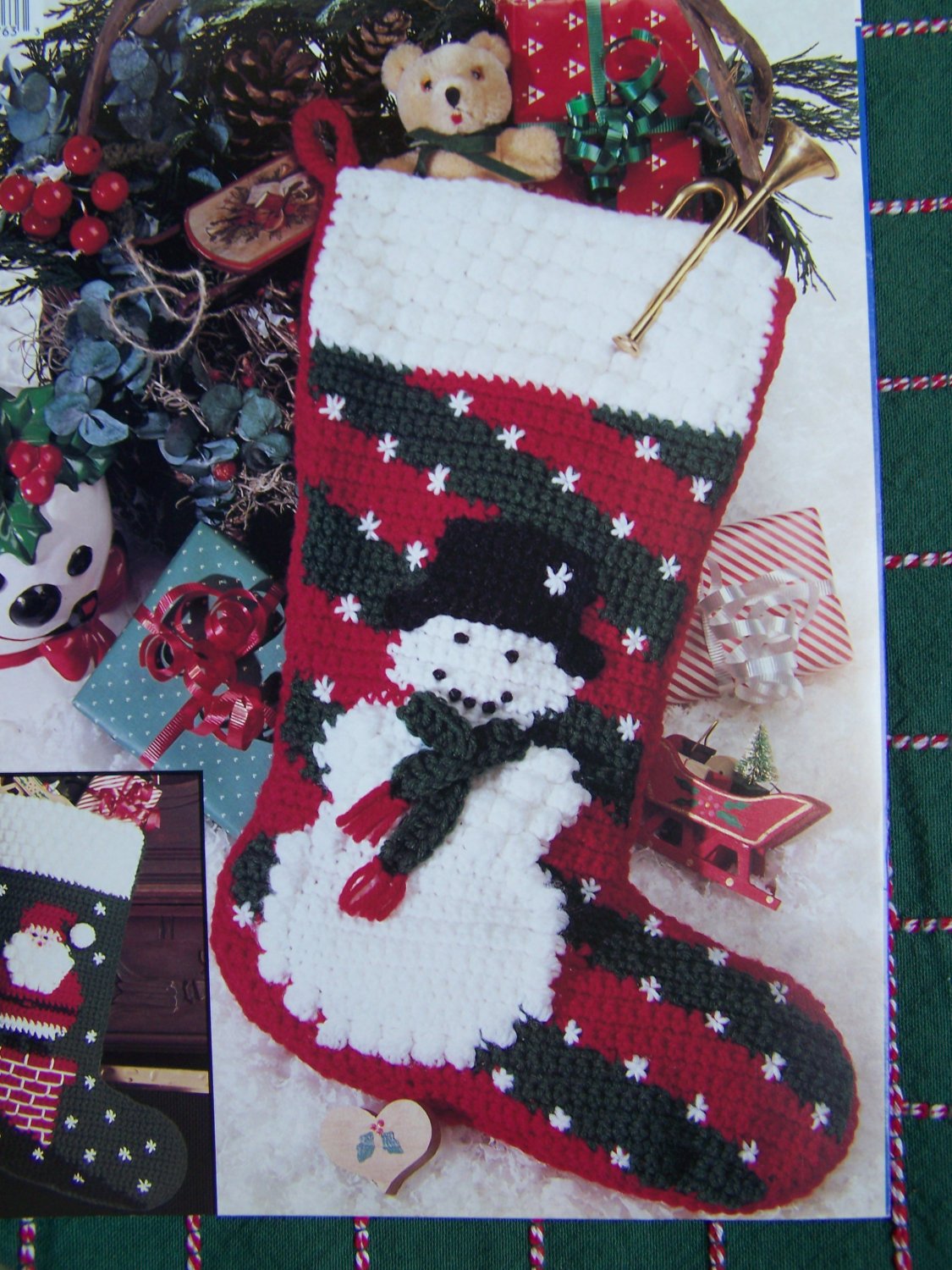 4 Vintage Christmas Stockings Crochet Patterns Boy Girl Santa Snowman