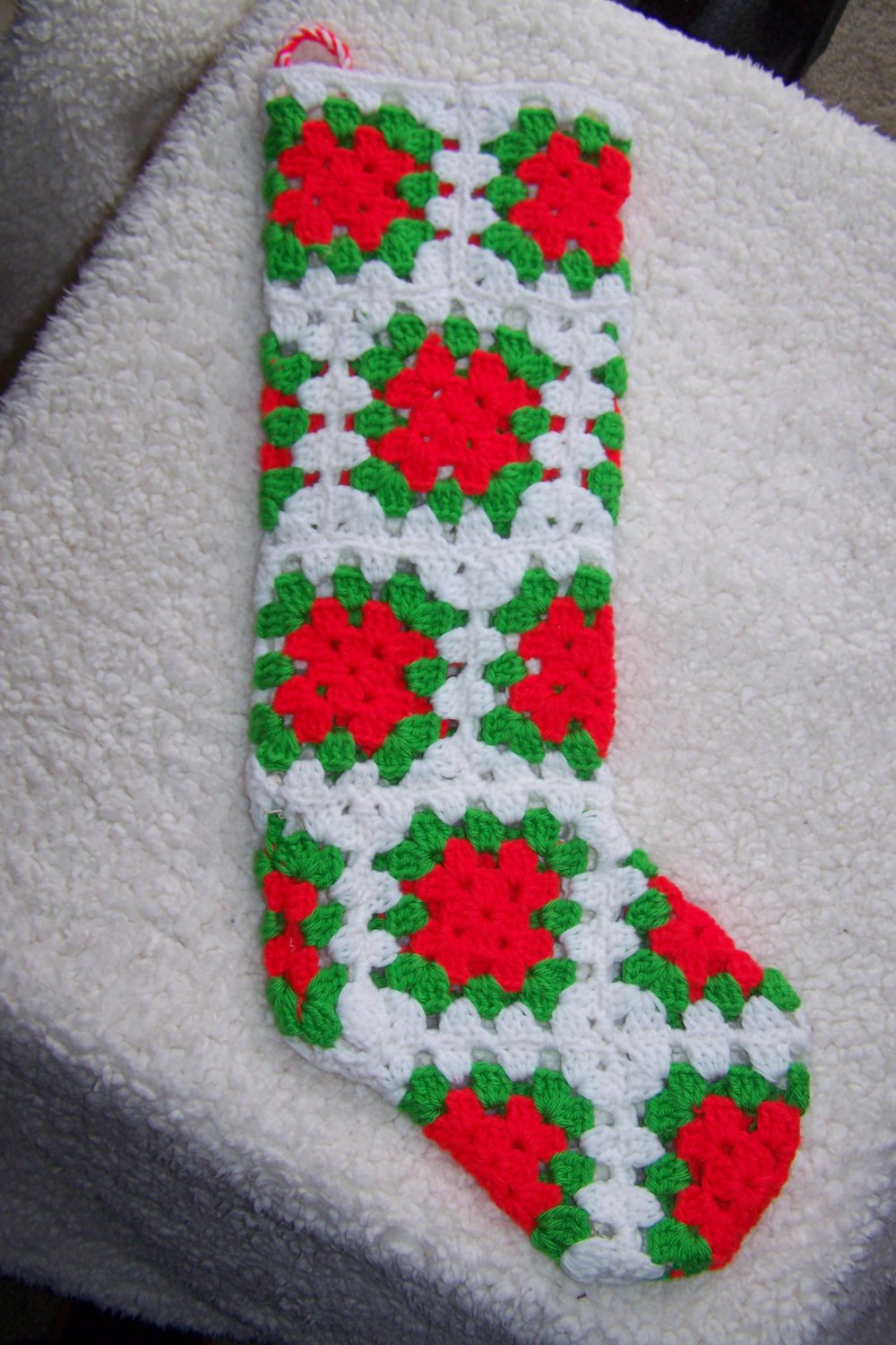 Vintage Large Handmade Crochet Granny Squares Christmas Stocking 22