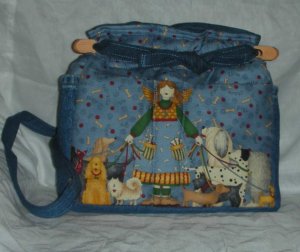 handbag, angel dog walker fabric, quilt, denim, reversible, organizer, purse