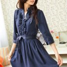 Navy Ruffle Detail Shirt Dress