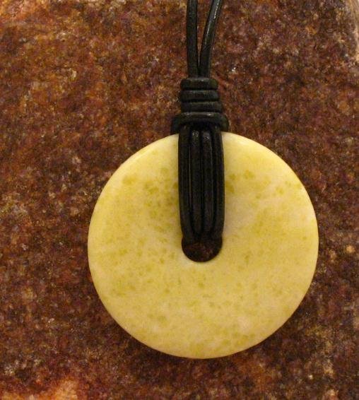 Mens Leather Cord Necklace with Green Stone Circle Donut Pendant
