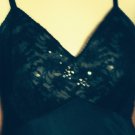 Vintage Black Full Slip Dress, Nylon, Lace and RHINESTONES, Very Unusual, 34