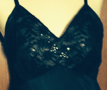 Vintage Black Full Slip Dress, Nylon, Lace and RHINESTONES, Very Unusual, 34