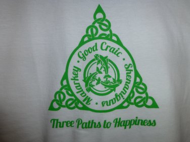 Womens Irish V-Neck T-Shirt:  Three Paths to Happiness: Malarkey - Good Craic - Shenanigans - Medium