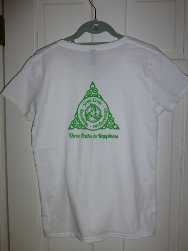 Womens Irish V-Neck T-Shirt:  Three Paths to Happiness: Malarkey - Good Craic - Shenanigans - Small