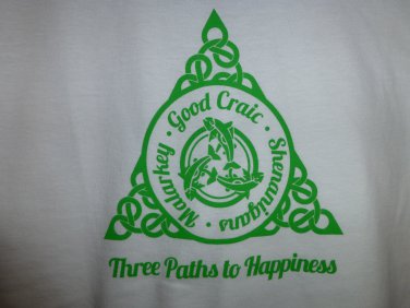 Womens Irish V-Neck T-Shirt:  Three Paths to Happiness: Malarkey - Good Craic - Shenanigans - Large