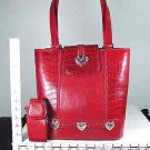 PURSE - RED, LEATHER LOOK WITH HEART CASTINGS (X068267)