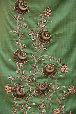 green metal sequin salwar kameez / lehenga choli designer partywear in tussar cotton. free S& H