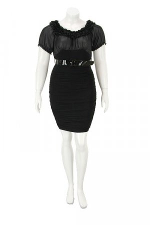 Black ruffled off shoulder rushed sides high waist dress with belt
