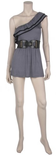 Grey one shoulder top with ruffle and belt