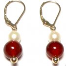 Genuine Freshwater Pearl & Blood Red Jade Earrings