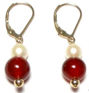 Genuine Freshwater Pearl & Blood Red Jade Earrings