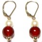 Genuine Freshwater Pearl & Blood Red Jade Earrings