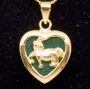 Gold Jade Horse (Chinese Zodiac) Heart Pendant Necklace