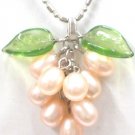 Genuine Pink Freshwater Pearl "Grape Cluster" Jade Green Leaf Pendant Necklace