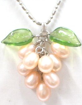 Genuine Pink Freshwater Pearl "Grape Cluster" Jade Green Leaf Pendant Necklace