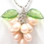 Genuine Pink Freshwater Pearl "Grape Cluster" Jade Green Leaf Pendant Necklace