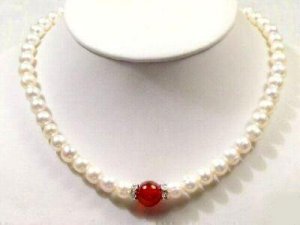 Genuine White Freshwater Pearl & Blood Red Jade Necklace