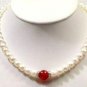 Genuine White Freshwater Pearl & Blood Red Jade Necklace