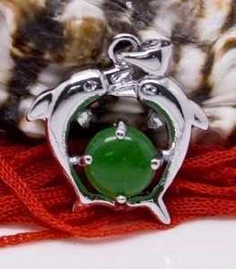 Silver Dolphins Jade Pendant Necklace