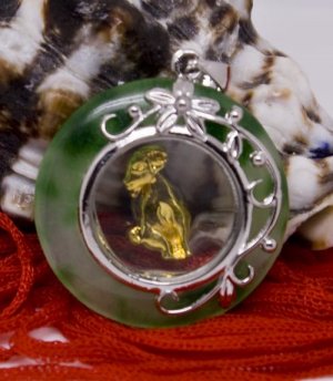 Gold Jade Spinning Ram Goat (Chinese Zodiac) Pendant Necklace