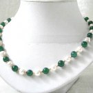 Genuine Green Jade & White Freshwater Pearl Necklace